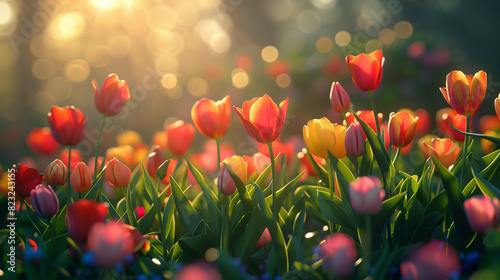 Warm sunrise light illuminates a vibrant field of red and orange tulips  highlighting their beauty and delicate structure in a sprawling garden view.