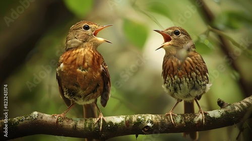Describe the interactions and communication through songs of shama thrushes in the forest photo