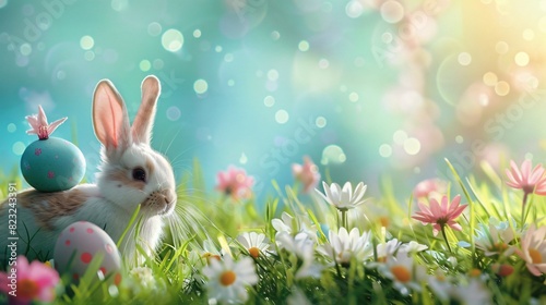 A cute pink bunny is sitting in a field of pink flowers and Easter eggs.