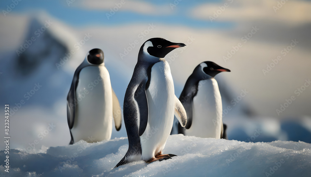 Naklejka premium 氷に囲まれた寒い場所で立っている3匹のペンギン