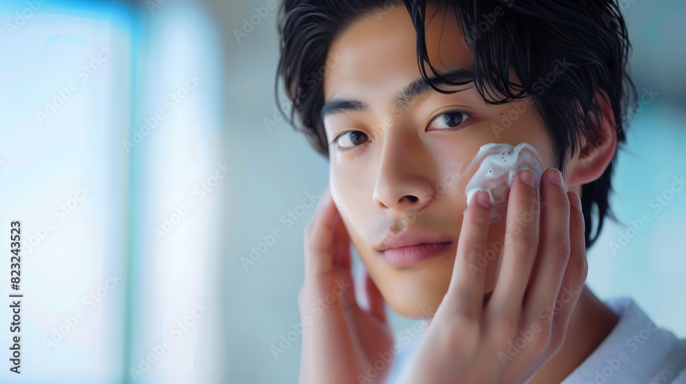 カメラを見ながら明るい室内で顔を洗うイケメンの若い日本人男性 カメラを見ながら明るい室内で顔を洗うイケメンの若い日本人男性