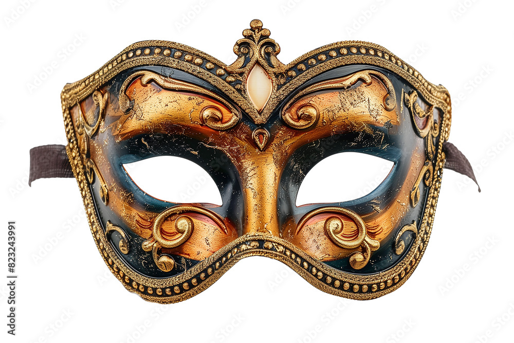 Elegant Venetian mask with gold and black filigree designs isolated on ...