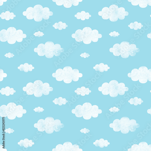 Cute cartoon white clouds on light blue sky. Doodle seamless pattern vector. Minimal wallpaper. Design for fabric, textile, kid clothes, shirt, skirt, dress, bedsheet, pajama, clothing, sticker
