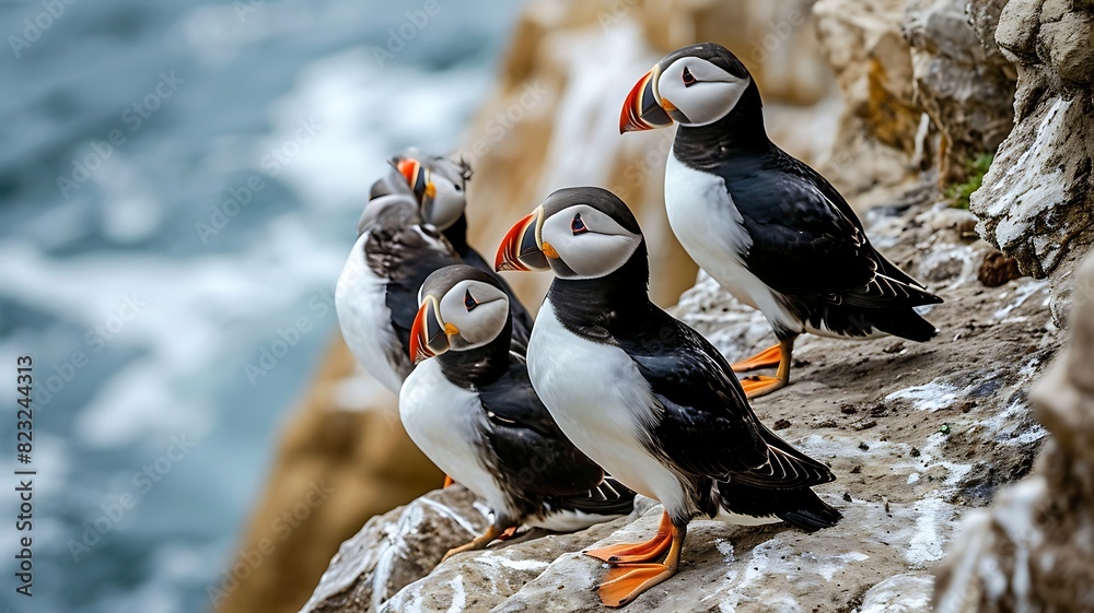 Fototapeta premium Coastal Charm: A Group of Charming Puffins Perched on Rocks
