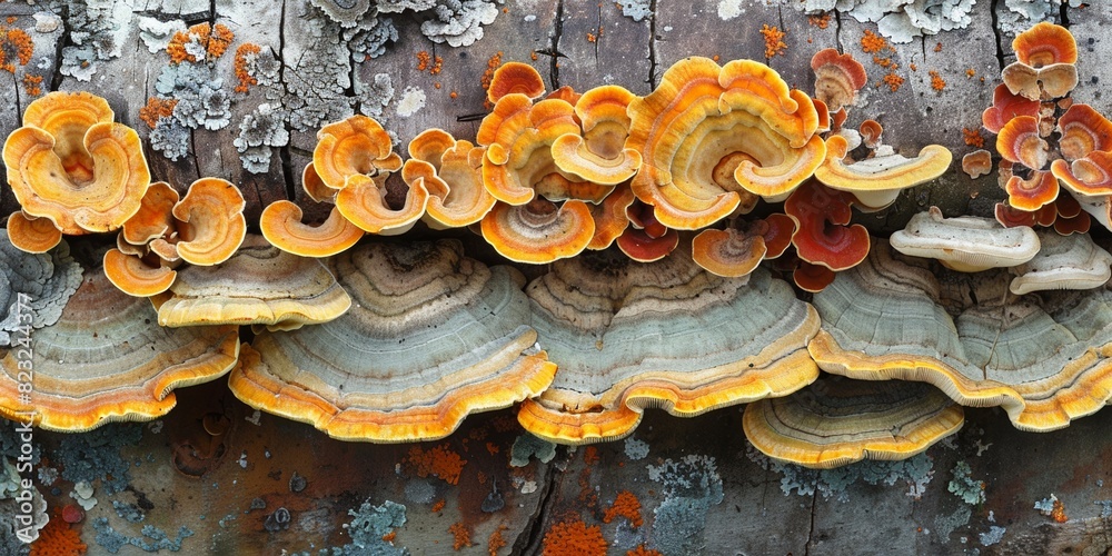 Autumn forest scene showcasing a variety of wild fungi and flora. Autumn forest scene showcasing a variety of wild fungi and flora.