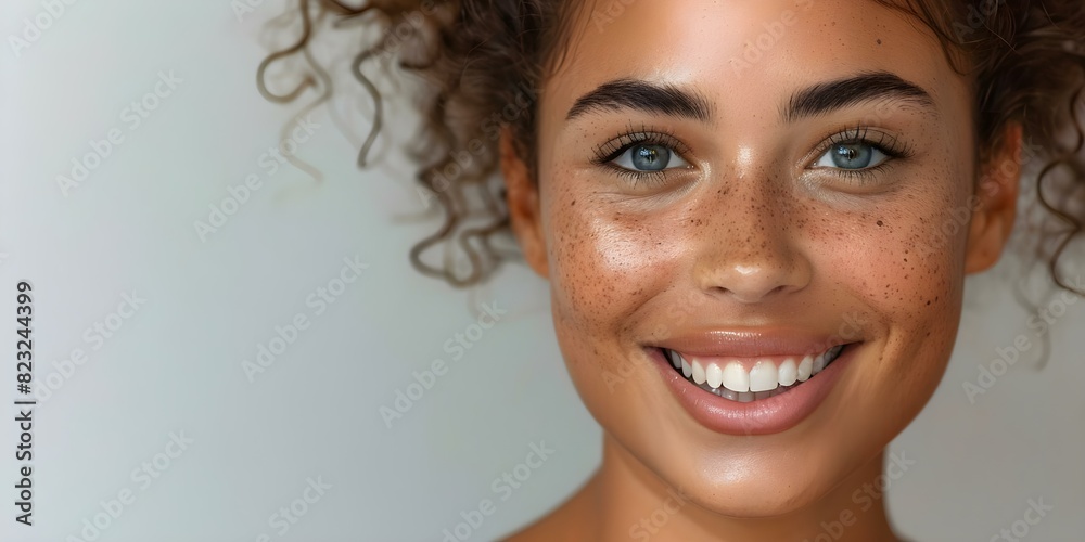 Confident supermodel with natural makeup posing with a smile against a grey studio backdrop. Concept Fashion Photography, Studio Photoshoot, Natural Beauty, Confidence, Grey Background Confident supermodel with natural makeup posing with a smile against a grey studio backdrop. Concept Fashion Photography, Studio Photoshoot, Natural Beauty, Confidence, Grey Background