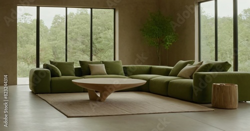 Living room interior in an earthy green color scheme  home designed with an indoor plant and a sofa for decor  relaxing environment