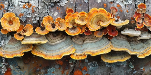 Autumn forest scene showcasing a variety of wild fungi and flora. photo
