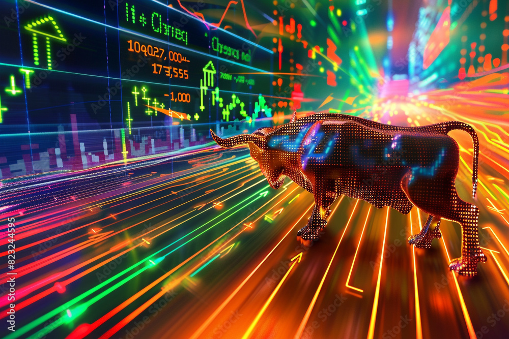 Vivid display of stock market updates, with graphs and indices illustrating bullish and bearish trends Vivid display of stock market updates, with graphs and indices illustrating bullish and bearish trends