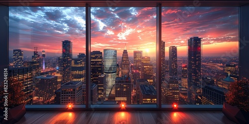 The skyline at sunset, a breathtaking cityscape embodying modern architecture and bustling city life.