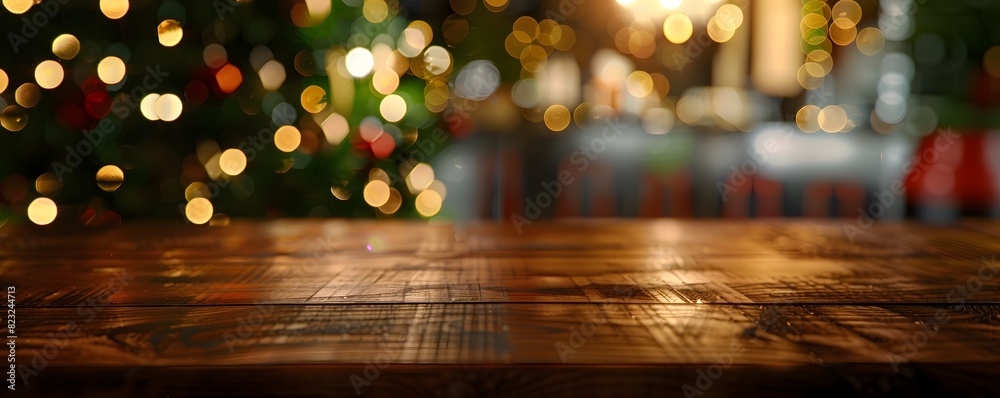 Empty Wooden Table Top with Bokeh Background and Christmas Decor