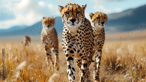 Swift Pursuit: A Group of Cheetahs Sprinting Across a Grassland photo