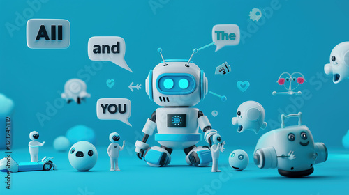 elements such as a robot or AI icons, people building a community.
