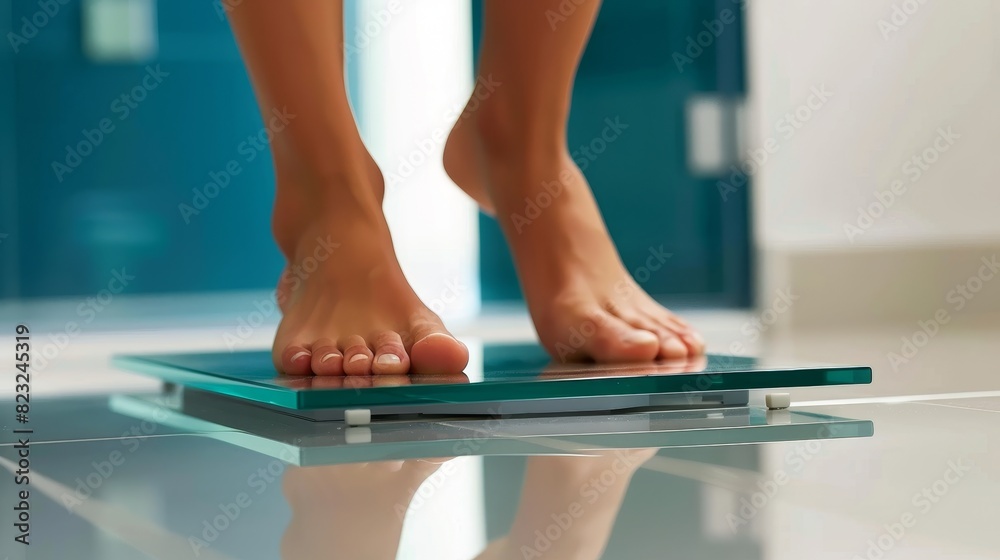 Monitoring Weight for Health - Close-up of Bare Feet on Digital Scale in Bright Bathroom Setting Monitoring Weight for Health - Close-up of Bare Feet on Digital Scale in Bright Bathroom Setting