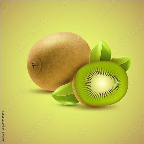 Kiwi fruit. Whole, half and pieces. Sweet fruit. 3d vector. Realistic background.
