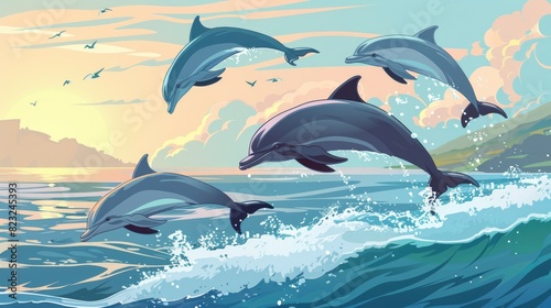 A Pod Of Dolphins Jumping Out Of The Water Near The Shore, Cartoon ,Flat color