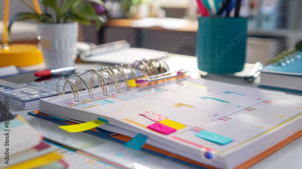 Organized Fitness Planning - Close-Up of Detailed Workout Schedule in Colorful Fitness Planner on Clean Desk with Motivational Stickers and Notes