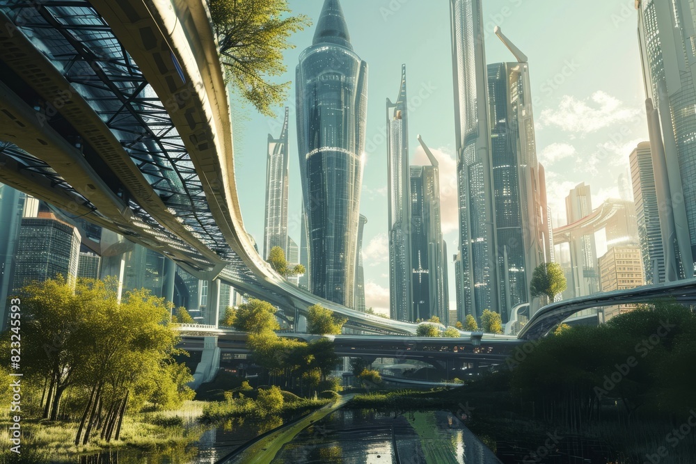 Fototapeta premium A futuristic city fueled by solar power technology , AI generated