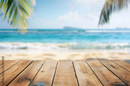 Empty Wooden Table with Blurred Tropical Beach Background