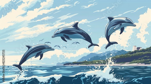 A Pod Of Dolphins Jumping Out Of The Water Near The Shore  Cartoon  Flat color