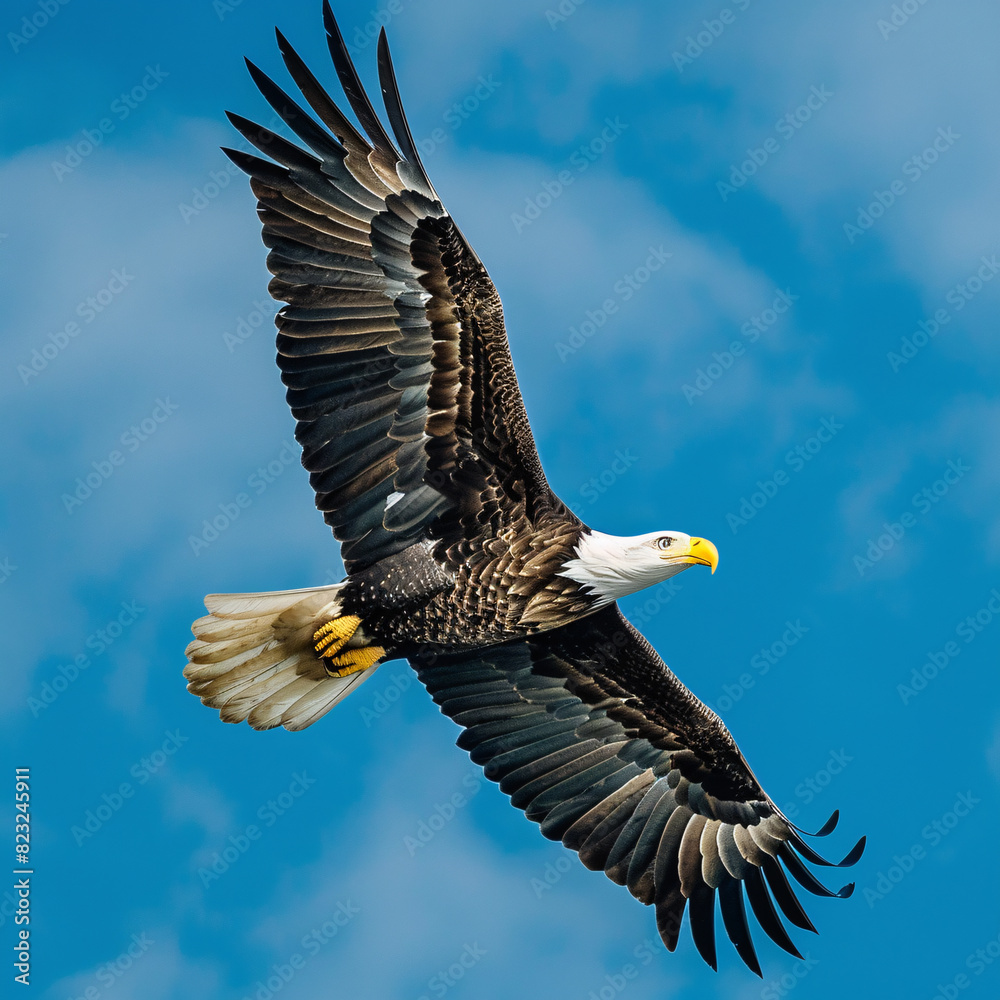 The eagle soared majestically in the blue sky. Wings spread wide and glide easily. The sun shines on its fur. Casting a graceful shadow on the ground below.This powerful bird is the epitome of freedom The eagle soared majestically in the blue sky. Wings spread wide and glide easily. The sun shines on its fur. Casting a graceful shadow on the ground below.This powerful bird is the epitome of freedom