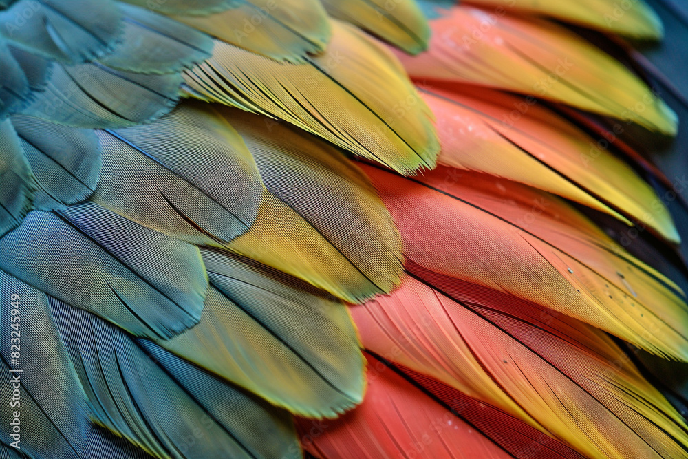 Fototapeta premium Vividly colored bird feathers, a close-up that speaks to the richness of avian species and the threat of their decline 