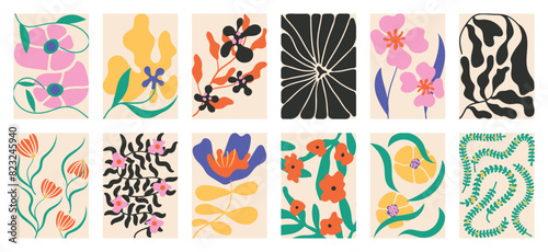 Botanical doodle background art vector set. Flower and leaves abstract shape doodle art design for print, wallpaper, clipart, wall art for home decoration.