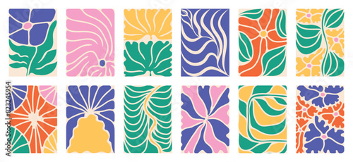 Botanical doodle background art vector set. Flower and leaves abstract shape doodle art design for print, wallpaper, clipart, wall art for home decoration.