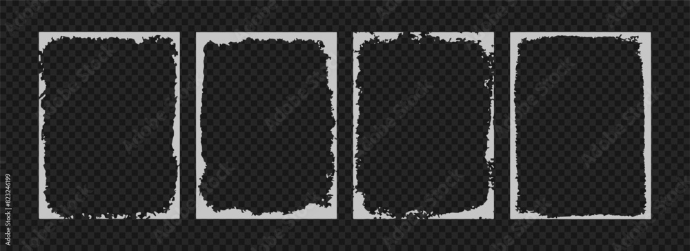 Grunge photo frame template collection. Rectangular old rough edge effect border for picture overlay.