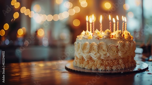 Birthday Cake With White Frosting and Lit Candles photo