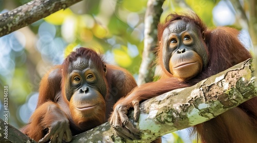 orangutan communities interact with each other and their environment in the forest photo