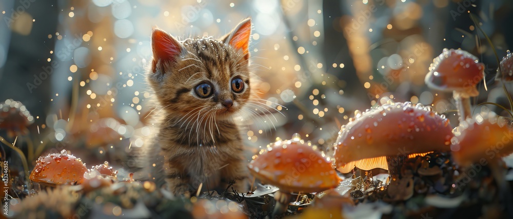 Adorable kitten in a whimsical forest surrounded by glowing mushrooms and magical lights, capturing a sense of wonder and cuteness.