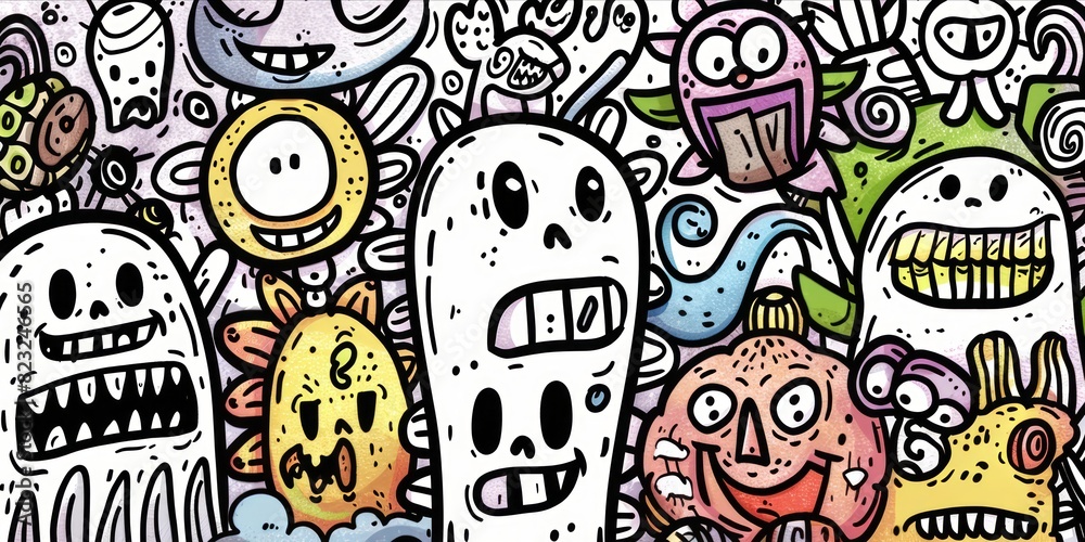 Fototapeta premium Abstract face cute monsters cartoon character in doodle style.