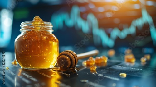 A conceptual image depicting a jar of honey with a dipper on a reflective surface, overlaid with stock market charts. © Zhanna