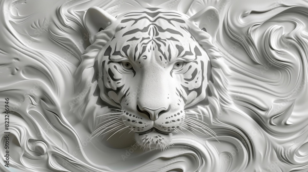 A detailed sculpture depicting the face of a tiger in white, featuring flowing swirls that add a surreal touch to the realistic portrayal. A detailed sculpture depicting the face of a tiger in white, featuring flowing swirls that add a surreal touch to the realistic portrayal.