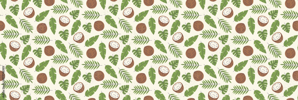 Summer leafs seamless background. Coconut with tropical leaves pattern. Fruits ornament.