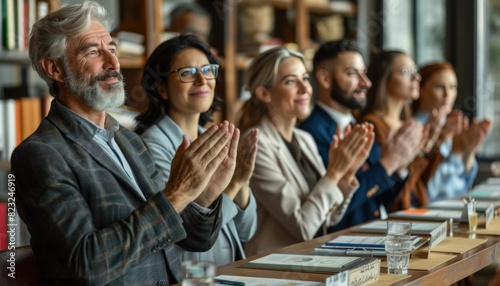 Group sharing a moment at the table clapping hands in a crowded event