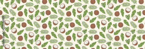 Summer leafs seamless background. Coconut with tropical leaves pattern. Fruits ornament.