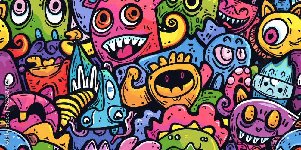 Abstract face cute monsters cartoon character in doodle style.
