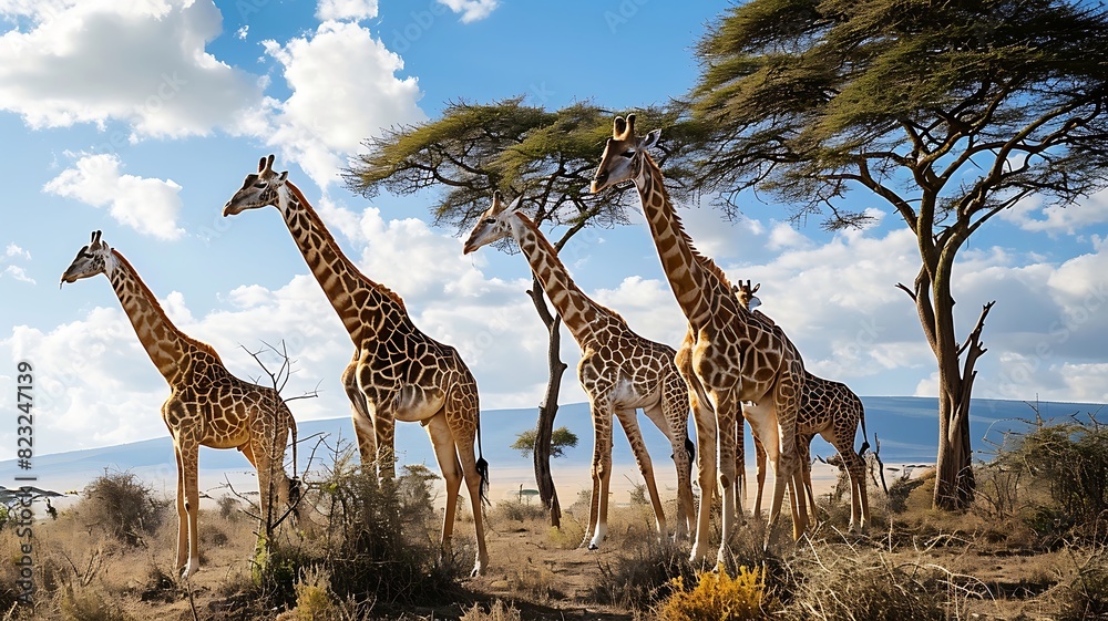 Fototapeta premium Savannah Serenity: A Group of Giraffes Grazing on Tall Trees in the Wild