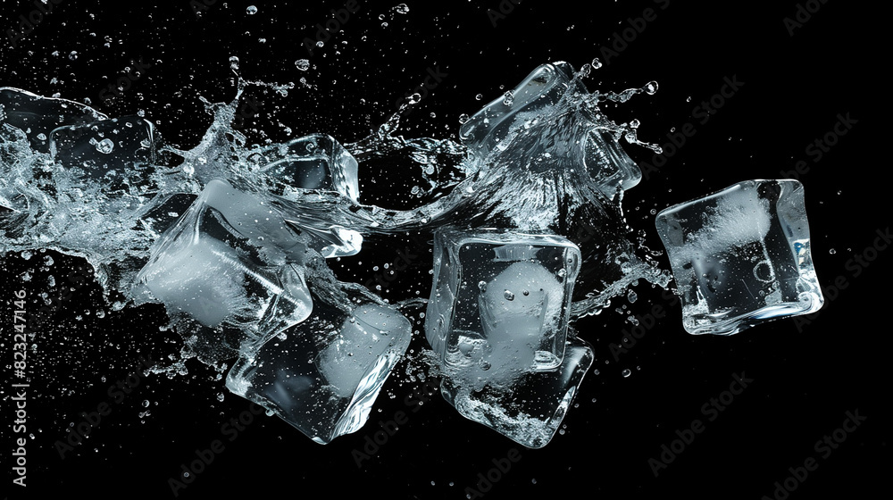 Transparent ice cubes, caught in the moment of rotation, splash dynamic ...