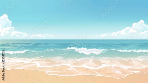 A Quiet Beach With Gentle Waves Lapping At The Shore And A Clear Blue Sky, Cartoon ,Flat color