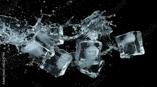 Transparent ice cubes, caught in the moment of rotation, splash dynamic streams of water around them on a dark background. photo