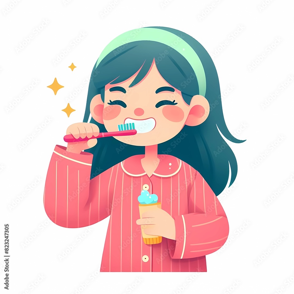child in pink sleepwear brushing their teeth in bathroom 2d flat vector illustration isolated on white child in pink sleepwear brushing their teeth in bathroom 2d flat vector illustration isolated on white
