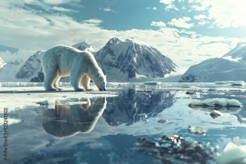Polar bear searching for food amidst receding ice shelves  highlighting the challenges faced by wildlife in a warming world.