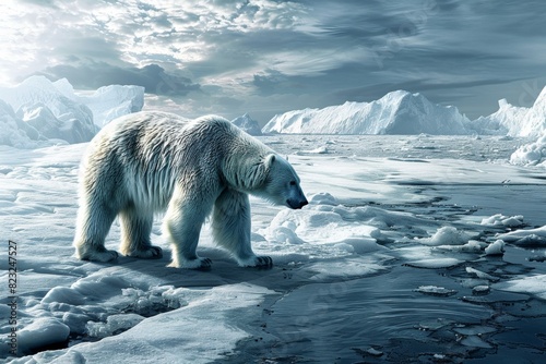 Polar bear searching for food amidst receding ice shelves, highlighting the challenges faced by wildlife in a warming world.