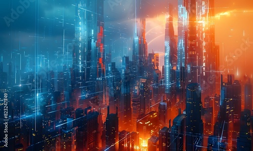 a futuristic cityscape made entirely of intricate fractal structures. Buildings and skyscrapers stretch upward  reflecting the harmonious blend of orange and blue hues