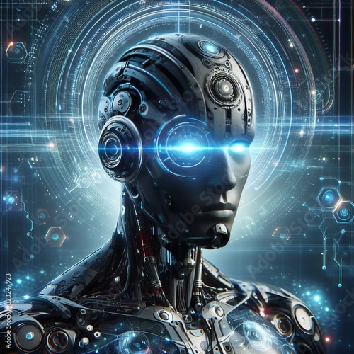 A detailed depiction of a futuristic robot's head with glowing blue eyes and surrounding holographic interfaces, symbolizing advanced technology.. AI Generation © Anastasiia