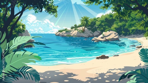 A Quiet Cove With Crystal Clear Water And Smooth White Sand  Cartoon  Flat color