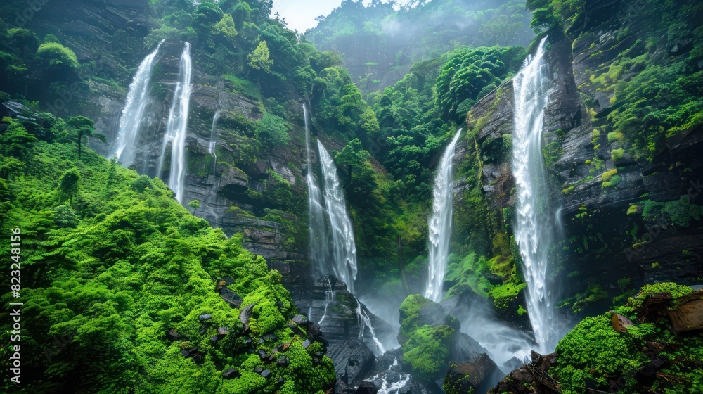 Beautiful waterfall on the plain. Mountain valley waterfall. view of waterfall in green valley Beautiful waterfall on the plain. Mountain valley waterfall. view of waterfall in green valley